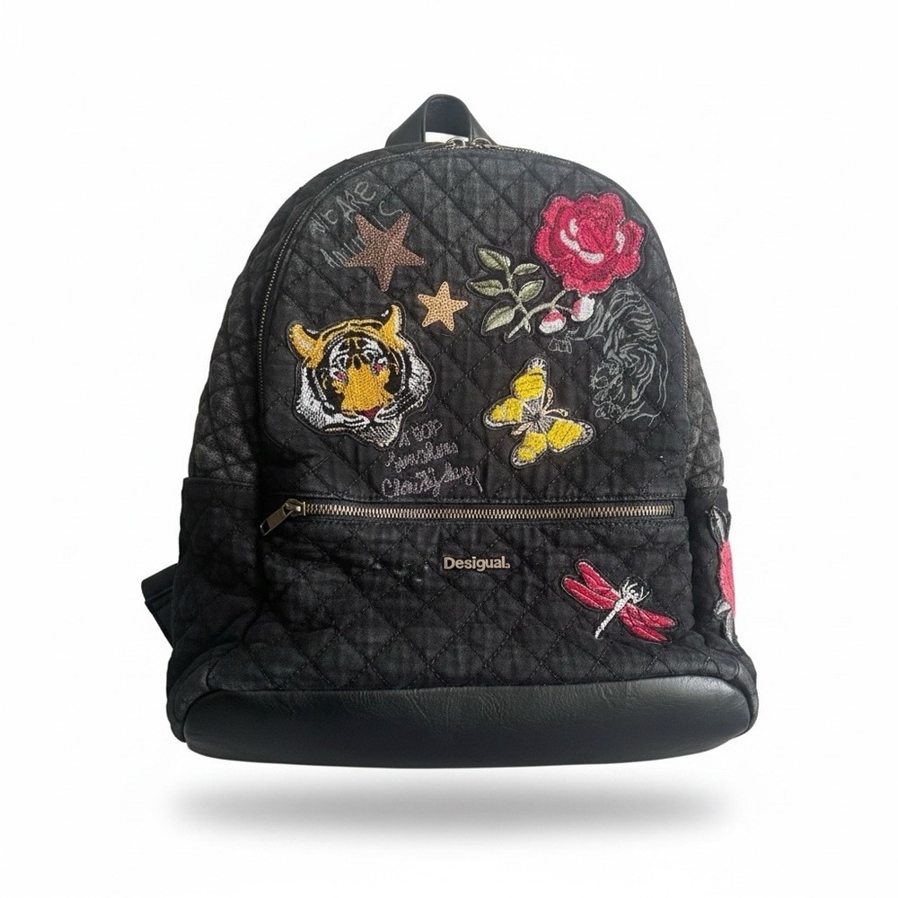 Desigual Bols Always Milan Black Quilted Embroidered Backpack Tiger Rose